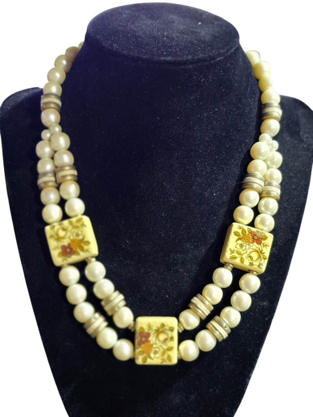 Vintage 1960's Double Layer Pearl Large Painted Square Ceramic Beads, Japan, EUC